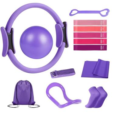 Imagem de Kit de anéis de Pilates para mulheres - Equipamento de treino doméstico com bola de ioga de 25 cm, 5 faixas de Pilates, círculo mágico, meias antiderrapantes, bolsa de ginástica, para pernas, braços