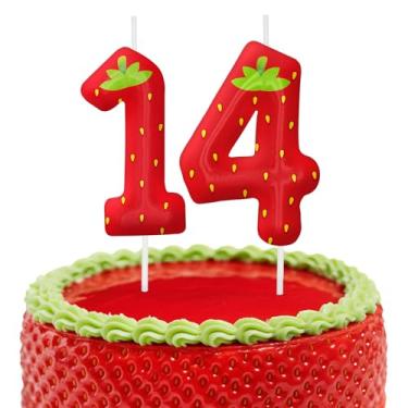 Imagem de Velas de aniversário de morango, decoração de topo de bolo de 6 cm, número 14 velas, decorações de aniversário, decorações de bolo de festa de aniversário, suprimentos de festa