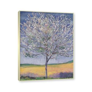 Imagem de Moldura champanhe. Imagem natureza em tela, (cerejeira em flor) de Ferdinand Hodler, reprodução de quadros, quadro de arte de parede de tela para casa. 30x40cm