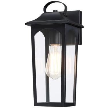 Imagem de YKLITG Luminária de parede Outdooor, lanterna de parede externa grande de 35 cm, arandela industrial preta com sombra de vidro transparente para varanda, porta Fornt, garagem, pátio, BD065-1-BK