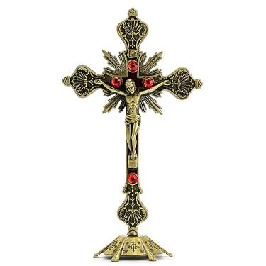 Imagem de Calculs Cruz de mesa de crucifixo de Jesus de metal para decoração de casa - Cruz católica para orações cristãs Jerusalém 25,4 cm cobre