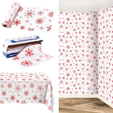 Imagem de Kochorie Rolo de toalha de mesa vermelho de floco de neve de 25 x 137 cm com caixa cortadora, temática de Natal, floco de neve, estampa de floco de neve, toalha de mesa descartável, pano de fundo de