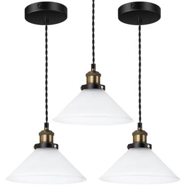 Imagem de LIGHTINN Luminárias pendentes vintage de bronze escovado com sombra de vidro branco fosco espesso, luzes suspensas para cozinha, ilha, corredor, sala de jantar E26, sem lâmpada, pacote com 3