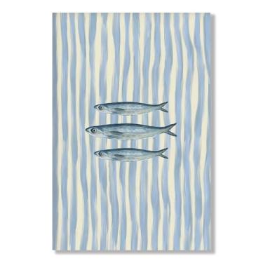 Imagem de Sardinhas engraçadas com estampa pintada de peixe listra azul moderna estética cozinha arte de parede retrô moderna comida casa decoração de parede sem moldura 30,5 x 40,6 cm