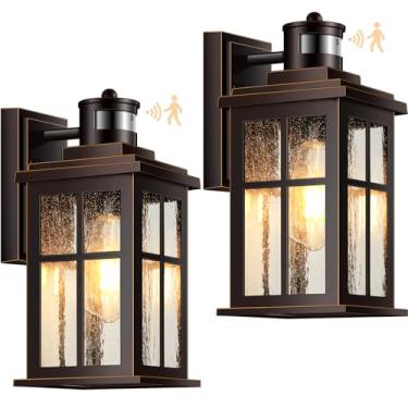 Imagem de VIANIS Luzes de varanda externa com sensor de movimento de fazenda para casa, bronze polido a óleo, acabamento dourado do crepúsculo ao amanhecer, luminárias externas de parede para garagem, arandelas