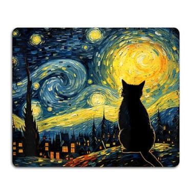 Imagem de Mouse pad de arte de gato preto fofo, mouse pad quadrado estético para mesa com base de borracha antiderrapante acessórios de mesa de gato preto divertido tapete de mouse de computador de superfície