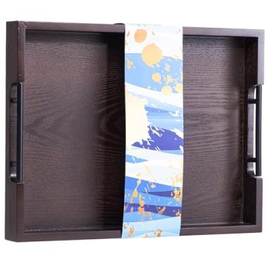 Imagem de Bandeja de servir com alças, bandeja de otomana de madeira de acácia, bandejas decorativas de café, decoração de madeira para cozinha (marrom, 43 x 33 x 5 cm)