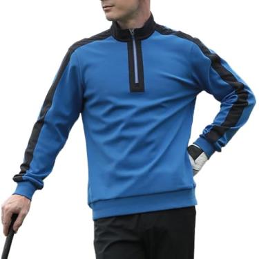 Imagem de Camiseta De Golfe Masculina, Masculina Mantenha Quente Camisa De Lã Com Zíper Gola Alta Patchwork Manga Longa Esportiva, Blue, XL