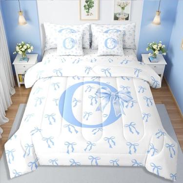 Imagem de Erosebridal Conjunto de edredom solteiro de princesa fofo com monograma azul, 7 peças, monograma azul e laço em uma bolsa, moderno, simples, conjunto de cama para crianças, meninas, meninas, alfabeto
