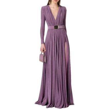 Imagem de Plissado Sólido Profundo Decote Em V Vestido De Noite Feminino Com Cinto Com Cinto De Manga Comprida Vestido De Baile, Purple, L