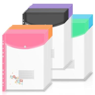 Imagem de 24 unidades de bolso para fichário de envelopes de plástico, pastas expansíveis de 11 furos para bolsa de documentos de 2/3/4 anéis, pasta de arquivos envelope impermeável A4 de grande capacidade com