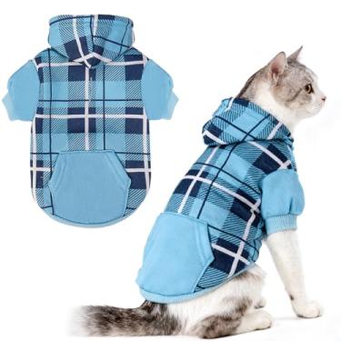 Imagem de EXPAWLORER Moletom com capuz xadrez para gatos - suéter quente estilo britânico com orifício para trela, roupas para animais de estimação, casaco de inverno para filhotes, gatos, meninas, meninos