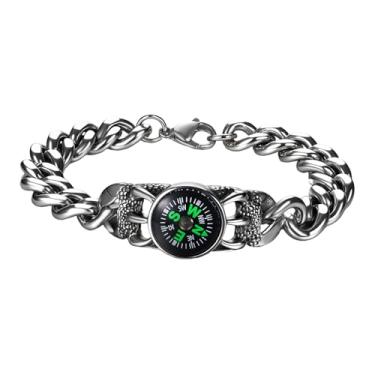 Imagem de Aroncent Pulseira masculina com garra de lobo com bússola: pulseira de sobrevivência de corrente cubana de aço inoxidável - presente de formatura