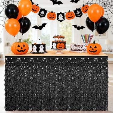Imagem de Decoração de saia de mesa de Halloween, pacote com 2 saias de mesa de grama preta, saias de mesa onduladas metálicas com franjas, saias de cortina de mesa para formaturas, decorações de festa de