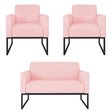 Imagem de Kit Namoradeira e 2 Poltronas Decorativas Base Industrial Preta Maressa S19 Suede Rosa Bebê - Ibiza