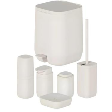 Imagem de Kit Banheiro 6pç Lixeira 6L + Porta Sabonete Escova Cotonete Dispenser Bege