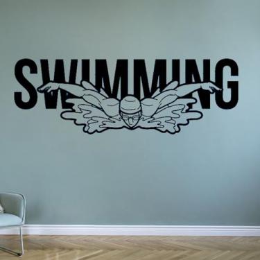 Imagem de Decalque de parede de vinil nadador piscina esportes aquáticos adesivos de parede para decoração de quarto de casa mural papel de parede removível 42 x 143 cm