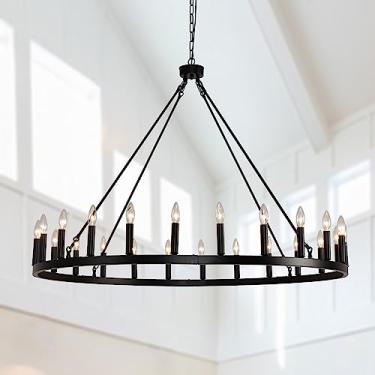 Imagem de Lustre moderno estilo vela preta de 12 luzes com roda de carroça Lustre redondo para varanda externa Lustres modernos com detalhes em roda de carroça