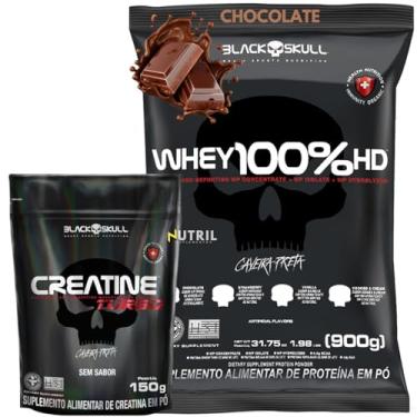 Imagem de Kit WheyProtein 100% + Creatine Turbo Monohidratada 150g - Whey 100% HD Pure 900g Isolado - Hidrolisado - Concentrado Refil - Black Skull (Refil Whey 100% Chocolate + Creatina 150g)