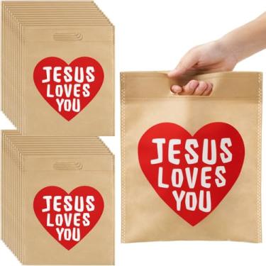 Imagem de VitalCozy Saco de presente religioso cristão não tecido, reutilizável, com alças de 25 x 30 cm, para Páscoa, igreja, batismo (marrom claro) com 24 peças Jesus Loves You