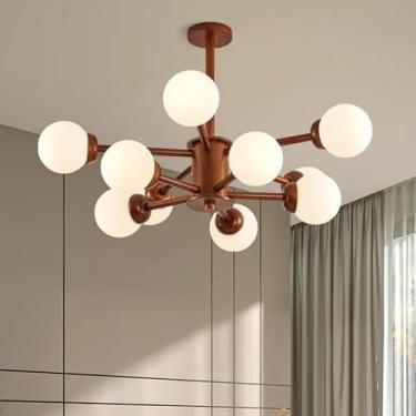 Imagem de Lustre moderno de vidro para sala de jantar, lustre de vidro leitoso de madeira de fazenda, luz de teto embutida, luz pendente para cozinha, ilha, quarto, sala de estar, nogueira, 10 luzes