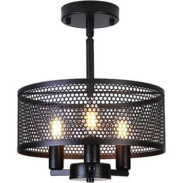 Imagem de Luminária pendente, luminária de teto de 3 luzes, semi-embutida, moderna, gaiola de metal, luminária de teto preta, luminária pendente E12 de fazenda para sala de estar, quarto, sala de jant