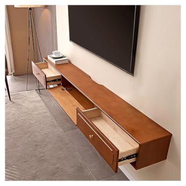 Imagem de Prateleira de TV flutuante marrom retrô com gavetas de armazenamento, console de mídia de TV montado na parede, centro de entretenimento moderno, suporte de TV branco com alça, prateleira de TV longa