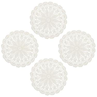 Imagem de 4 peças de toalhas redondas de renda, doilies de crochê de 25 cm para mesas, jogo americano vintage de renda bege para pratos de sala de jantar, bolos, mesa de festa, sobremesas, decoração de festa