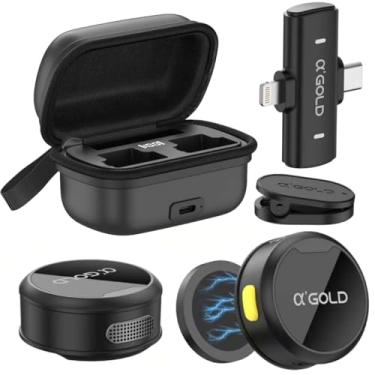 Imagem de Kit 2 Microfones de Lapela aGold - Profissional - Com Imã Sem Fio + Case de Carregamento - Bluetooth - Redução de Ruído Até 12 Horas Autonomia a Compatível com Camera, iPhone, Android e USB-C.