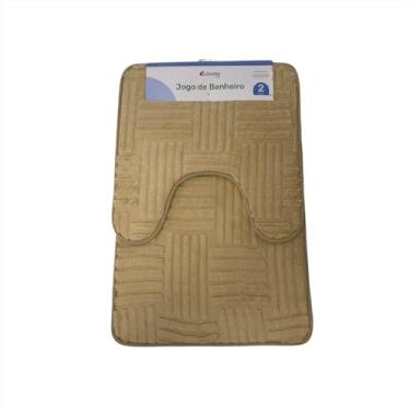 Imagem de Jogo Tapetes Banheiro 2 Peças Antiderrapante Absorvente Tecido Poliester PVC Listrado Luxo Bege e Cinza