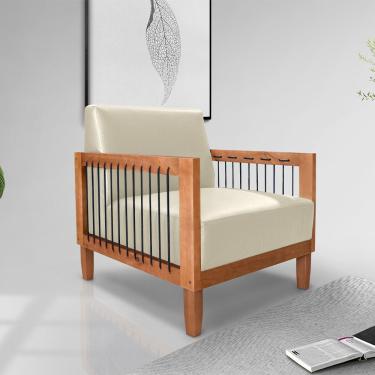 Imagem de Poltrona Sala de Estar Pés Madeira Maciça Corda Náutica Preta 75cm Manila PU Bege G63 - Gran Belo