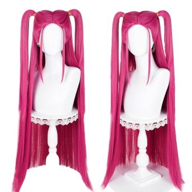 Imagem de Peruca longa rosa cosplay com cauda dupla e franja – cabelo sintético resistente ao calor – ajuste ajustável – peruca estilo anime para mulheres fantasia de Halloween