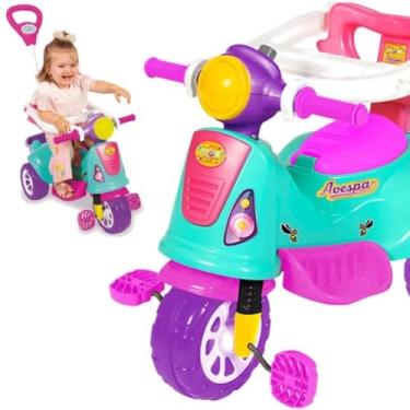 Imagem de Avespa Triciclo Infantil 3 em 1, Andador e Pedal com Haste, Verde Água e Rosa, com Rodas Roxas, para Crianças