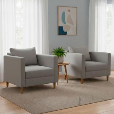 Imagem de Kit 2 Poltronas Estofadas Cadeiras Luxo Grande Moderna Sala de Estar Escritório Varanda Quarto (Linho Cinza)