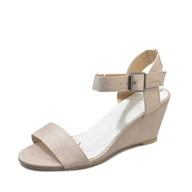 Imagem de Bigfanshu Sandálias femininas de salto alto verão 2020 nova fivela boca de peixe plana tamanho grande 35-43 boêmio, Bege, 40 BR