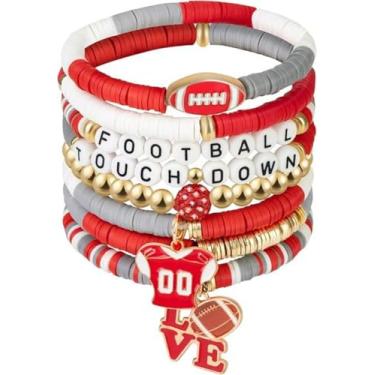 Imagem de KLSKLYL 【Conjunto de 8 peças de pulseiras Super Bowl】 Pulseiras com tema esportivo para dia de jogo – Conjunto de miçangas unissex de futebol, basquete, vôlei e beisebol, One Size, Argila de polímero