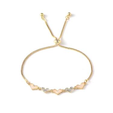 Imagem de Pulseiras femininas prateadas douradas modernas com elos de coração, berloques delicados, strass, corrente fina, joia, One Size, Metal, Sem Pedra Preciosa