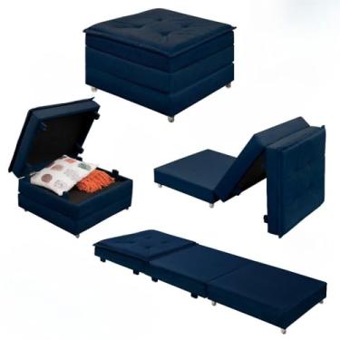 Imagem de Puff Baú Quadrado MDF Com Rodinhas Vira Cama Colchão Solteiro Confortável e Moderno (Azul)
