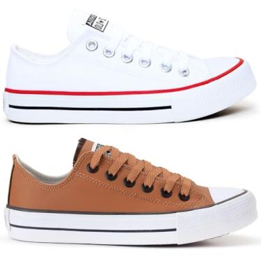 Imagem de Kit 2 Pares Tenis Casual Feminino Masculino All Kalum Star Vulcanizado Confortavel (BRANCO + CARAMELO, BR, Adulto, Numérico, 34)
