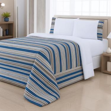 Imagem de Kit Edredom + Lençol de Cama Casal Premium, 4 Peças, Percal 400 Fios, Edredom Dupla Face com Lençol Elástico, Estampas Sortidas (Geométrico Azul)