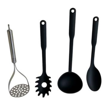 Imagem de Conjunto para Servir Alimentos Kit 4 Peças – Amassador de Batatas Inox, Concha, Colher de Arroz e Pegador de Macarrão – Resistentes e Ideais para Refeições e Cozinha