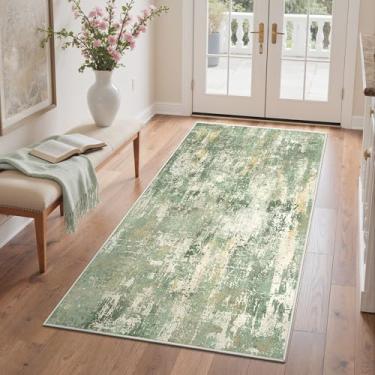 Imagem de GENIMO Tapete lavável de 7 x 12 cm para entrada, tapetes pequenos abstratos modernos para entrada, sala de estar, quarto ao lado, tapete antiderrapante, leve, macio, verde claro