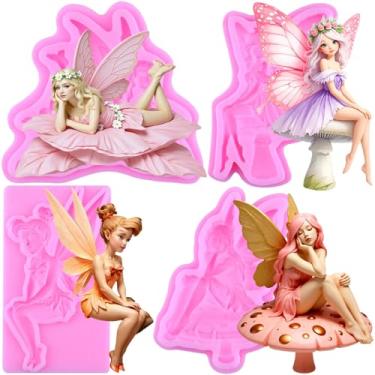 Imagem de MIYAHOUSE Moldes de fondant de fadas de flores moldes de silicone para decoração de bolos, topo de cupcake, pasta de goma de chocolate, argila de polímero, conjunto de 4