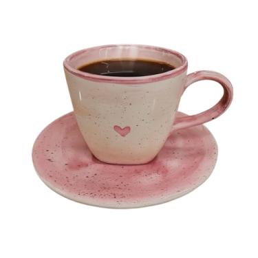 Imagem de XíCara e Pires de CerâMica Pintados à Mão em Formato de CoraçãO Rosa, 200 Ml,Jogo de Xicaras de Cafe Com Pires(1 Unidade)
