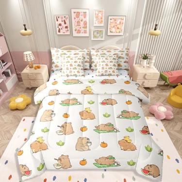 Imagem de Erosebridal Jogo de cama infantil fofo de capivara, 7 peças, laranja e capivaras em uma bolsa para meninos, meninas, adolescentes, conjunto de edredom com lençol de borracha e pato