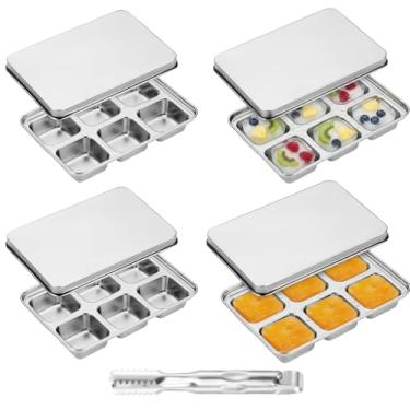 Imagem de 4 bandejas de aço inoxidável para cubos de gelo com 1 suporte para cubos de gelo, 6 compartimentos para cubos de gelo, fácil de liberar, sem plástico, podem ser lavadas na lava-louças para coquetéis
