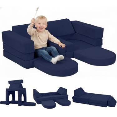 Imagem de MeMoreCool Sofá infantil para sala de jogos, sofá modular de 10 peças, sofá infantil conversível de veludo cotelê, conjunto de construção de forte de espuma para móveis de quarto de criança, azul