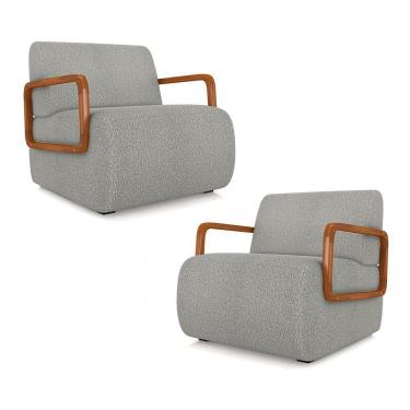 Imagem de Kit 2 Poltronas Decorativa Sala De Estar Odessa Braços Em Madeira Bouclê Cinza G33