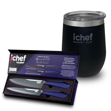 Imagem de Facas Ichef Special Cut Azul E Copo Térmico Com Tampa Ichef Smart Cup 350ml | Copo Preto
