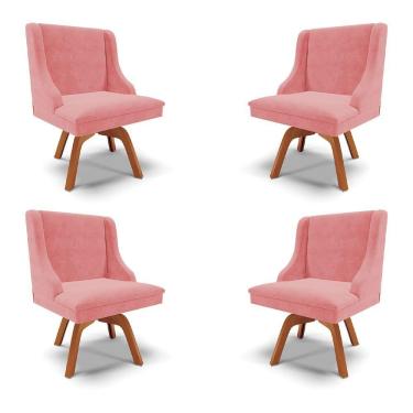 Imagem de Kit 4 Cadeiras Decorativas Sala De Jantar Base Giratória De Madeira Firenze Suede Rosê/natural G19